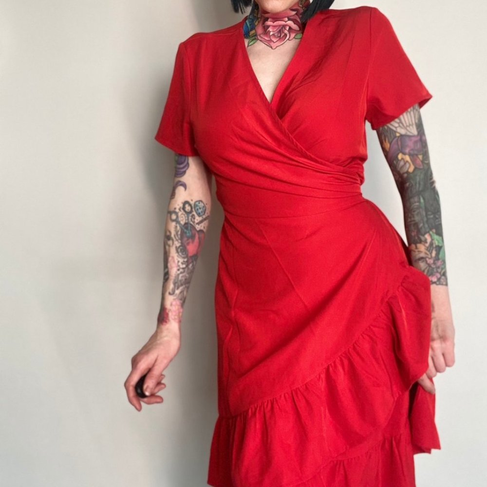 red wrap dress